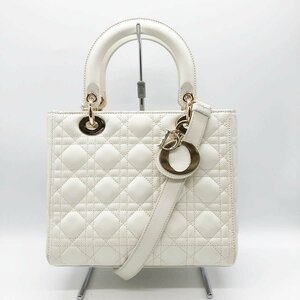 美品 Christian Dior クリスチャンディオール レディディオール ミディアム カナージュ ショルダーバッグ 2way ラムスキンレザー ホワイト