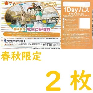 送料無料　春秋限定東京サマーランド 1Dayパス　パスポート2 枚