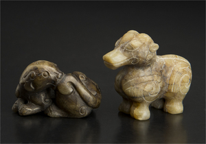 古玉雕犬 二件 老玉 中国 古美術