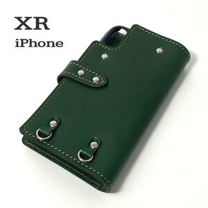 手帳型ケース iPhone XR 用 ハードカバー レザー スマホ スマホケース スマホショルダー 携帯 革 本革 グリーン