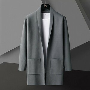 メンズ カーディガン 秋冬 ニットジャケット ロング丈 ニットセーター アウター ロングコート ショールカーディガン グレー M~3XL