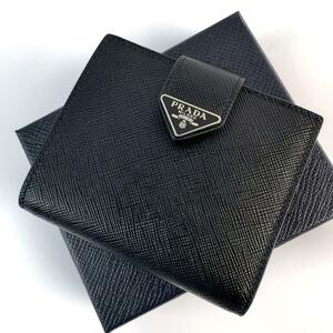 【未使用級】PRADA プラダ 二つ折り財布 2つ折り財布 カードケース ブラック 黒 サフィアーノレザー 札入れ メンズ 三角ロゴ