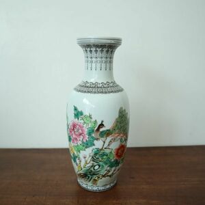 fa50535 中国美術 景徳鎮製 花鳥図 漢詩 粉彩 花瓶 高さ約31cm 花器 壺 古美術