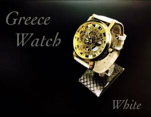 腕時計 時計 ギリシャ文字 ステンレス レザー ベルト 革 アナログ メンズ クォーツ ファッション時計 男女兼用 ゴールドフレーム　ホワイト