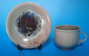 京焼 清水焼 辰砂 カップ＆ソーサー 碗皿 同梱c可 鈞窯釉 銘有 世界に一つ　大きめ　モーニングサイズ