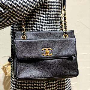 美品 VINTAGE CHANEL キャビアスキン ダブルフェイス チェーンショルダーバッグ ブラック黒 デカココ ターンロック金具 肩掛けトートバッグ