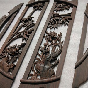 【送料込み】黒檀　透かし彫り飾り板4枚セット　管理番号（1613）デッドストック　木製彫刻　生地仕上