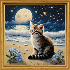 猫 ねこ　海　夜空　月星　イラスト　絵　絵画　インテリア　子猫 Ｌ版サイズプリント ハンドメイド NO30