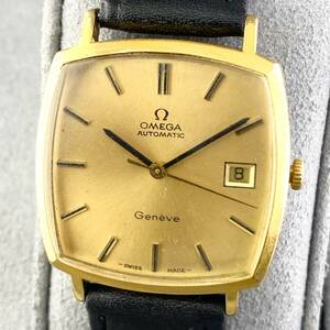 【1円〜】OMEGA オメガ 腕時計 メンズ AT 自動巻 Geneve ジュネーブ ゴールド文字盤 スクエア アンティーク デイト 可動品