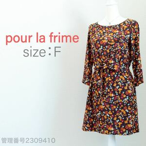 【送料無料】pour la frime(プーラフリーム)小花柄総プリント　ボートネック　ひざ丈ワンピース　総柄