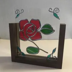 グラスアート　ステンドグラス風　薔薇　置物