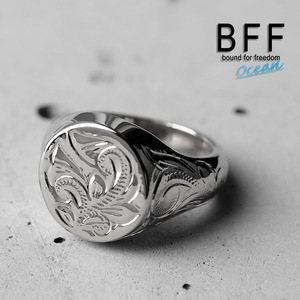 BFF ブランド プルメリア 印台リング スモール 小ぶり シルバー 18K 銀色 丸型 手彫り 彫金 専用BOX付属 (10号)
