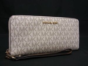 1円 ■極美品■ MICHAEL KORS マイケルコース MK柄 PVC ラウンドファスナー 長財布 ウォレット 札入れ カード入れ アイボアリー系 BK0757