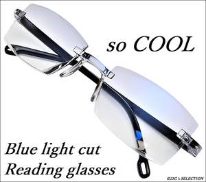glrn04bl◆＋1.5/Cool～Sexyなライトパープル/フレームなし,軽量,ソフト/老眼鏡/ブルーライトカット,度アリ/眼鏡ケース付/メンズ,レディー