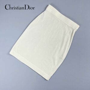 新品未使用 Christian Dior クリスチャン ディオール コットン混 タイトスカート ウエストゴム 膝丈 裏地無し 白 ホワイト サイズL*MC741