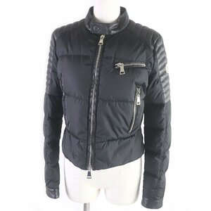 美品□MONCLER モンクレール KERKYRA ラムレザー切替 ロゴワッペン WZIP シングルライダース ダウンジャケット 黒 2 正規品 レディース