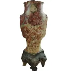中国寿山石(印材)　草花文彫刻花瓶　置物　瑪瑙