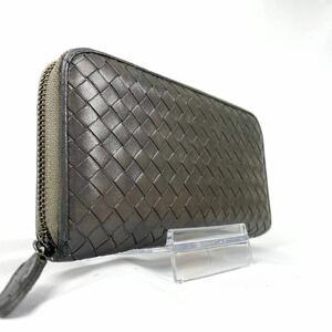 1円【希少】BOTTEGA VENETA ボッテガヴェネタ イントレチャート ラウンドファスナー 長財布 小銭入れ ラムレザー メンズ グレー 本革 