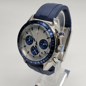 新品 BLIGER ノーロゴ 青針仕様 クロノグラフ ブルー 青 VK63 メンズ腕時計 ラバーストラップ