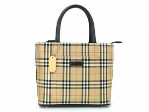 1円 ■美品■ BURBERRY バーバリー ノバチェック ナイロンキャンバス×レザー ハンドバッグ トートバッグ ベージュ系×ブラック系 AW8507