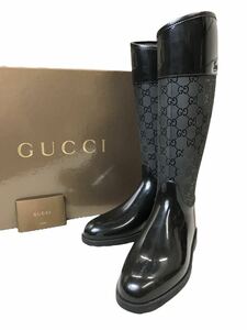 (D) GUCCI グッチ GG ラバー レインブーツ 37 ブラック ロングブーツ