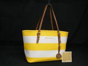 1円 ■美品■ MICHAEL KORS マイケルコース AV-1212 PVC マリン ボーダー トートバッグ ショルダー イエロー系×ホワイト系 AZ1790