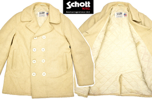 A-3744★Schott NYC ショット U.S.740N PEA JACKET★レアカラー アメリカ USA製 生成色 中綿キルティング メルトンウール Pピーコート 38