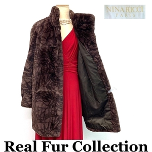 NINA RICCI 毛皮コート ムートン ニナリッチ リアルファー realfur 本物毛皮 ミディアム丈 着丈78cm 裾周囲133cm club藤(N673)