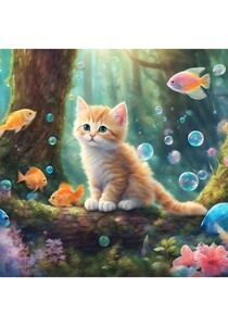子猫　魚　森　貝殻　ねこ　イラスト 絵画　絵　インテリア　Ｌ版プリント ★NO113