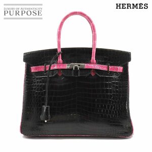 新品同様 エルメス HERMES バーキン35 ハンド バッグ クロコダイル ポロサス ブラック ピンク □K刻印 ルテニウム 金具 Birkin 35 90204527