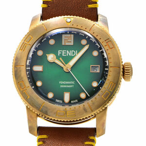 [3年保証] フェンディ メンズ アクアダイバー F131020201 ブロンズ スチール カレンダー グリーン 革ベルト 自動巻き 腕時計 中古 送料無料