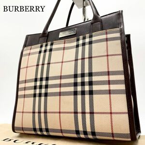 731【極美品】BURBERRY バーバリー ミニトートバッグ ハンドバッグ ミニバック ノバチェック ロゴプレート キャンバス レザー 革 ブラウン