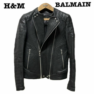 即完売品 コラボ H&M x BALMAIN エイチアンドエム x バルマン ライダース ジャケット シングル ダブル M ブラック 黒 本革 皮ジャン レザー