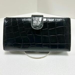 ◆FURLA フルラ　長財布◆　二つ折り　本革　クロコ型押し　小銭入れ有　ブラック　MADE IN ITALY 【USED】0201