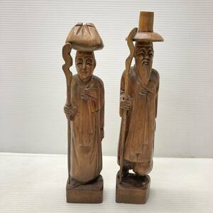 木製 木彫 置物 韓国 老夫婦 2体 セット 彫刻 オブジェ インテリア コレクション 高さ29cm