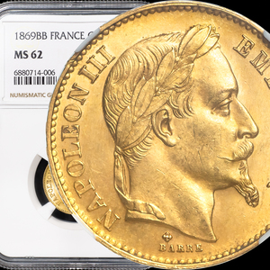 【有冠 高鑑定 MS62】1869 BB フランス第二帝政 ナポレオン3世 20フラン金貨 NGC/アンティーク モダン コイン