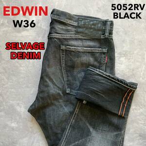 即決 W36 エドウィン EDWIN 5052RV ブラックデニム 日本製 MADE IN JAPAN オレンジセルビッチジーンズ 耳付 ダメージ加工 スリムテーパード