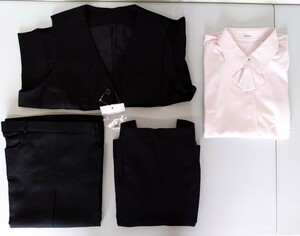 【未使用】17号 ボンマックス製/他 事務服 OL 会社制服 受付 ベスト スカート ブラウス リボン 5点セット/ 可愛い/タグ/大きいサイズ