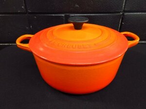 t4571　ルクルーゼ　ココットロンド　両手鍋　サイズ20　フランス製　オレンジ　ブラックツマミ　鋳物　LE CREUSET ル・クルーゼ