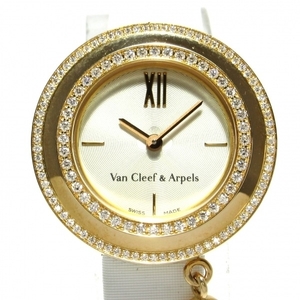 VCA/ヴァンクリ 腕時計■美品 チャーム ミニ VCARO29800 レディース K18PG/2重ダイヤベゼル/0.5ct/サテンベルト アイボリー