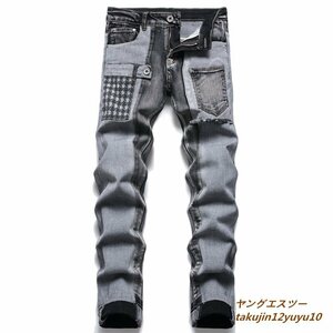 ジーンズ 新品 メンズ デニムパンツ ジーパン 切替ストレート トレンド 欧米風バイクパンツ スキニー 個性ヴィンテージ チノパン 選択可 34