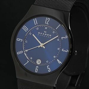 1円 稼働 良品 スカーゲン QZ T233XLYMN デイト ブルー文字盤 メンズ腕時計 YUM0916000 5NBG1