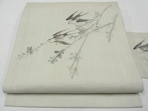 平和屋1■夏物　九寸名古屋帯　作家物　絹芭蕉　手描き　飛鳥枝葉文　逸品　CAAC6855tx