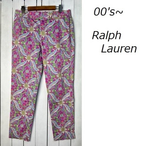 Ralph Lauren フラワー・ペイズリー総柄 ストレッチコットンスラックスパンツ 6 濃ピンク ラルフローレン L オールド 春夏 L～XL ●339