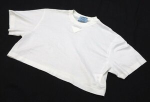 美品 21SS PRADA プラダ CROPPED JERSEY TEE クロップド ロゴプレート ダメージ加工 半袖 Tシャツ カットソー 3560A XS ホワイト