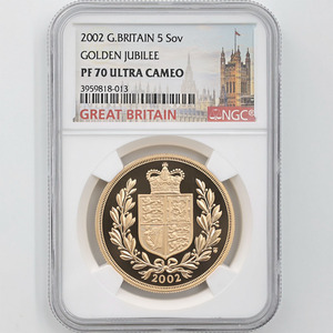 2002 英国 エリザベス2世 即位50周年記念 ソブリン 5ポンド 金貨 プルーフ NGC PF 70 UC 最高鑑定 完全未使用品 ゴールデン・ジュビリー