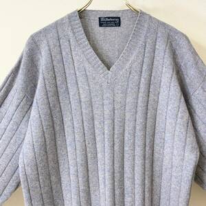 希少《 Cashmere100% / Mint Condition 》美品【 BURBERRYS ブルー グレー メランジ カシミア Vネック セーター L スコットランド製 】