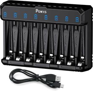 電池充電器 POWXS 急速電池充電器 1.2V ニッケル水素電池/1.5V リチウム電池 単3形・単4形に対応 8スロットで8本