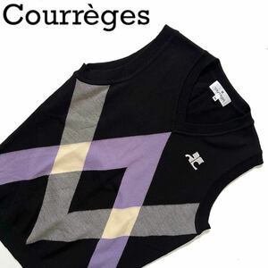 【送料無料】Courrges クレージュ ベスト　ロゴ刺繍　ニット　レディース　38 M アーガイル柄　ノースリーブ　セーター