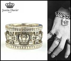 定価￥27500→5800即決 Justin Davis ジャスティンデイビス SRJ175 MEDIEBAL WEDDING BAND シルバー クロス 王冠 クラウン リング 指輪 7号